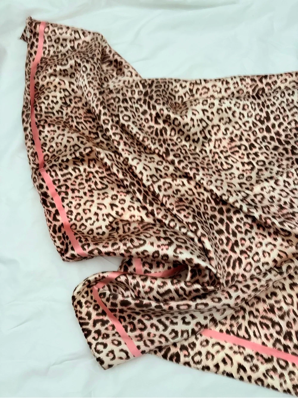 Leopard Print Satin Scarf with Pink Trim